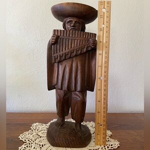 Wooden Carved Folk Art figurine holding a Pan Flute